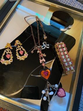 BJ Heart Charm Pendant Necklace,  Fanstar earrings, and Faux Opal bracelet